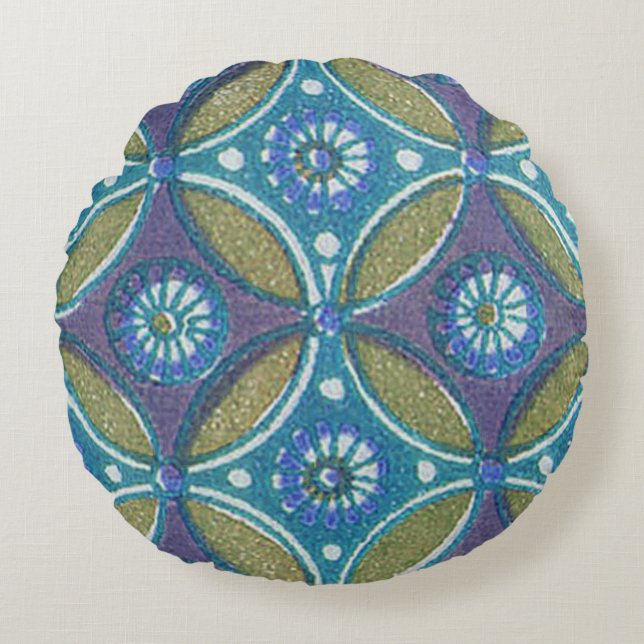 Blauw Groen Rustiek Boho Geometrisch Cirkelpatroon Rond Kussen (Voorkant)