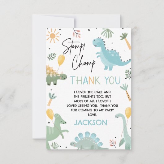 Blauw Groen Stomp Chomp Party Dinosaurus 1e Verjaa Bedankkaart (Voorkant)