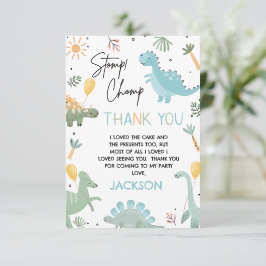 Blauw Groen Stomp Chomp Party Dinosaurus 1e Verjaa Bedankkaart (Staand voorkant)