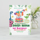 Blauw Groen Stomp Chomp Twins Dinosaurus 1e Verjaa Kaart (Staand voorkant)