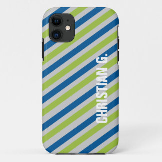Blauw groen streeppatroon aangepaste naam persoonl iPhone 11 hoesje
