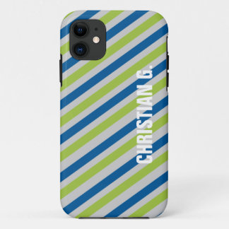 Blauw groen streeppatroon aangepaste naam persoonl iPhone 11 hoesje