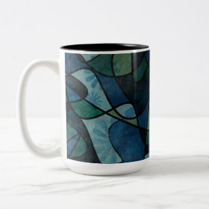 Blauw Groen Teal Digitaal Gebrandschilderd Glas Ab Tweekleurige Koffiemok