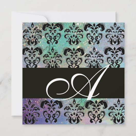 BLAUW GROEN TEAL ZWART DAMASK MONOGRAM , wit Kaart (Voorkant)