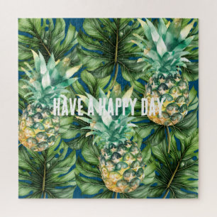 Blauw Groen Tropisch Bladeren Ananas Legpuzzel