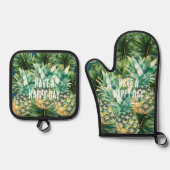 Blauw Groen Tropisch Bladeren Ananas Ovenwant & Pannenlap Set (Voorkant)