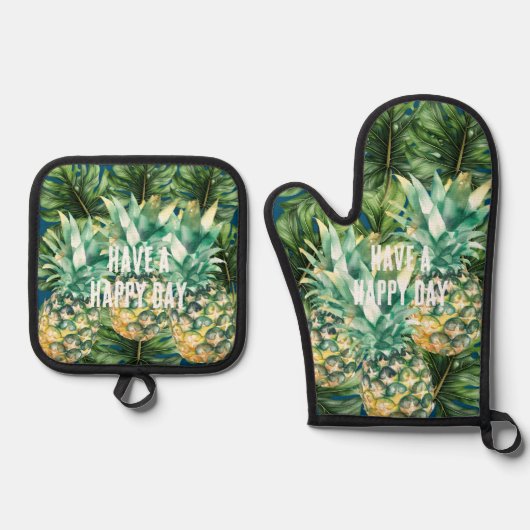 Blauw Groen Tropisch Bladeren Ananas Ovenwant & Pannenlap Set (Voorkant)