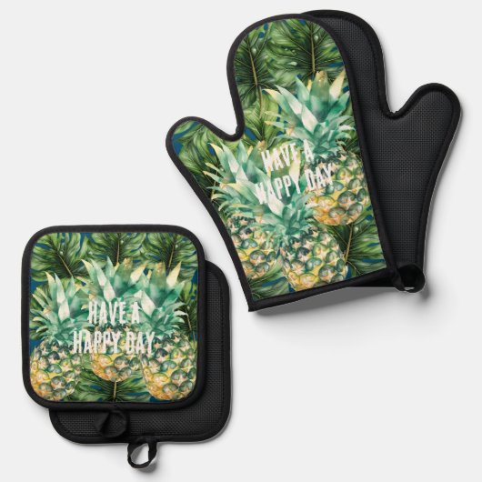 Blauw Groen Tropisch Bladeren Ananas Ovenwant & Pannenlap Set (Voorkant / Achterkant)