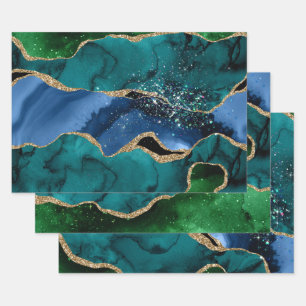 Blauw, Groen & Turquoise & Goud Glitter Pauw Agate Inpakpapier Vel