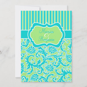 Blauw Groen Wit Gestreept Damaskbruiloftsuitnodigi Kaart