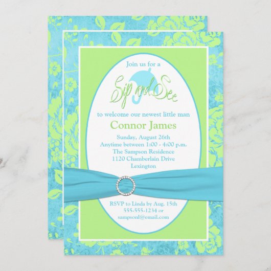 Blauw groen witte Floral Sip en zie Uitnodiging (Voorkant / Achterkant)