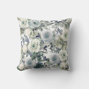 Blauw Groen Witte Waterverf Bloemen Bloemen Kussen