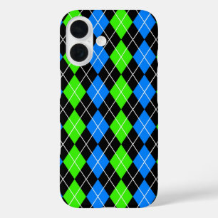 Blauw Groen Zwart Argyle Diamond Design iPhone 16 Hoesje