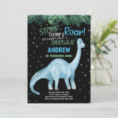 Blauw Groen Zwart Dinosaurus Verjaardag Uitnodigin Kaart (Staand voorkant)
