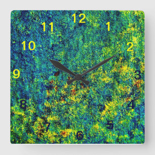 Blauw Groene Abstracte Bloemen Vierkante Wandklok Klok