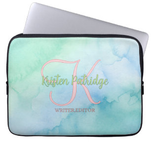 blauw groene aquarel redacteur schrijver naam mono laptop sleeve