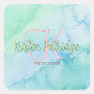 blauw groene aquarel redacteur schrijver naam mono vierkante sticker