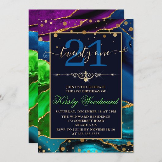 Blauw groene en Paarse glitter Agate Birthday Kaart (Voorkant / Achterkant)