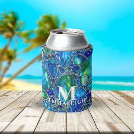 Blauw Groene Glanzende Glas Edelstenen Met Monogra Blikjeskoeler