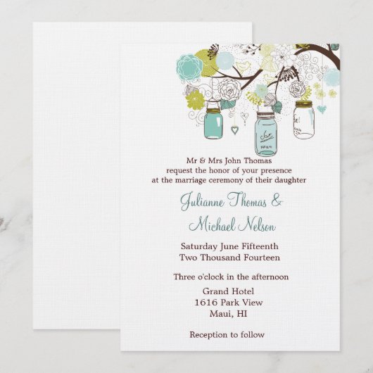 Blauw Groene Mason Jars Bloemen Wedding Kaart (Voorkant / Achterkant)