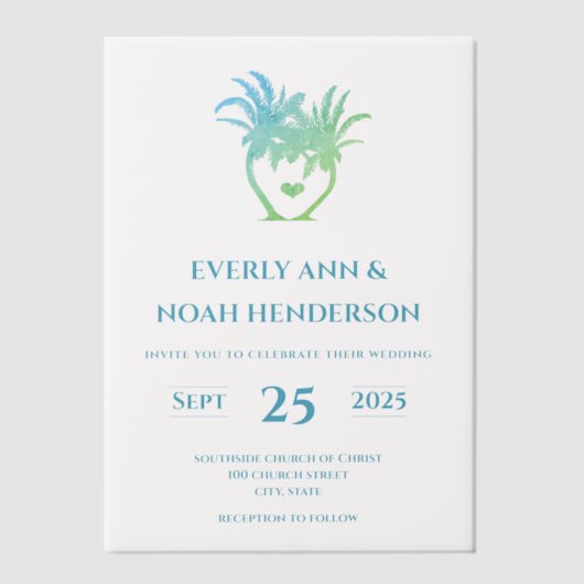 Blauw Groene Palm TrSimple Moderne Minimalistische Vellum Uitnodigingen (Voorkant)