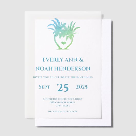 Blauw Groene Palm TrSimple Moderne Minimalistische Vellum Uitnodigingen (Offset)