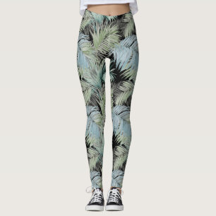 Blauw groene palmbladeren zwart leggings