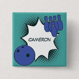 Blauw-groene Pop Art Bowling Naam Knop Vierkante Button 5,1 Cm