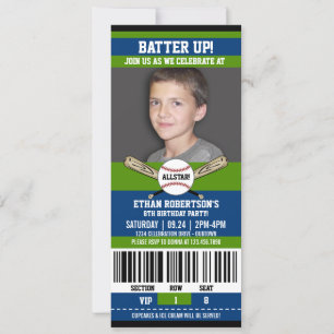 Blauw Groene Ticket Style Baseball Birthday Party Kaart