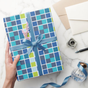 Blauw Groene Vierkanten Geruite Verjaardag Cadeaupapier