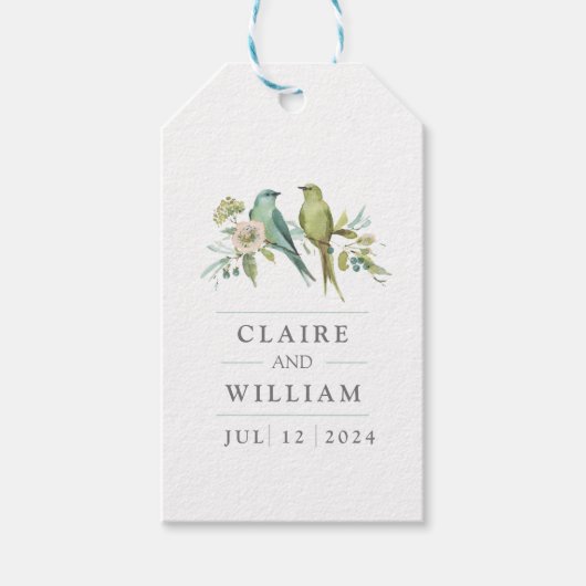 Blauw Groene Vogels Botanische Waterverf Bruiloft Cadeaulabel (Voorkant)
