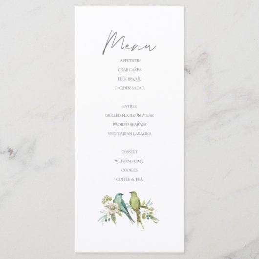 Blauw Groene Vogels Botanische Waterverf Bruiloft Menu (Voorkant)