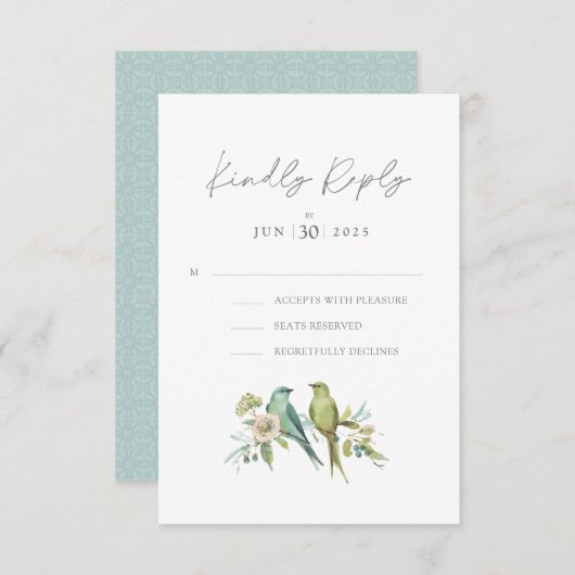 Blauw Groene Vogels Botanische Waterverf Bruiloft RSVP Kaartje (Voorkant / Achterkant)