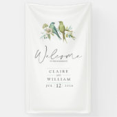 Blauw Groene Vogels Botanische Waterverf Bruiloft Spandoek (Verticaal)
