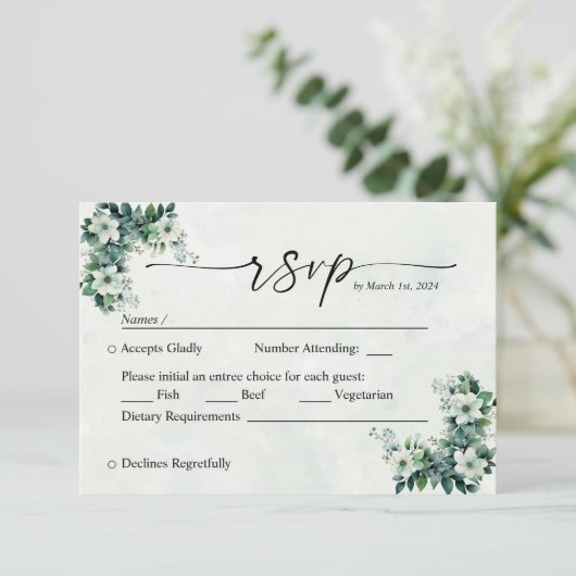 Blauw Groene waterverf bloemetjes aanpasbare RSVP (Staand voorkant)