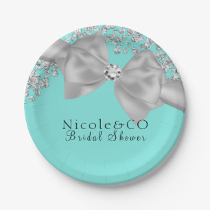 Blauw Grote Witte Boog Diamanten Glamour Feestje Papieren Bordje