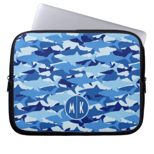 Blauw haaienpatroon Monogram Laptop Sleeve