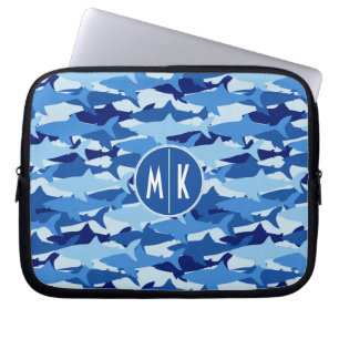 Blauw haaienpatroon Monogram Laptop Sleeve