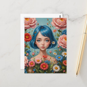 Blauw haar en bloemen briefkaart