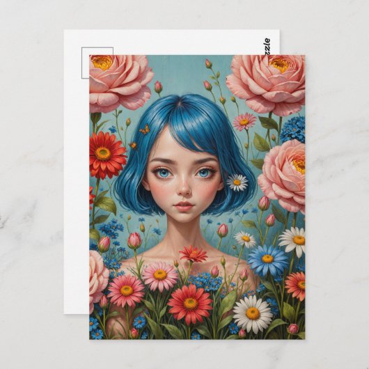 Blauw haar en bloemen briefkaart (Voorkant / Achterkant)