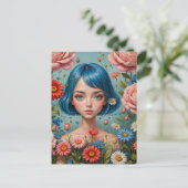 Blauw haar en bloemen briefkaart (Staand voorkant)