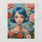 Blauw haar en bloemen briefkaart (Voorkant)