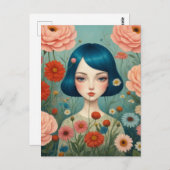 Blauw haar en bloemen briefkaart (Voorkant / Achterkant)