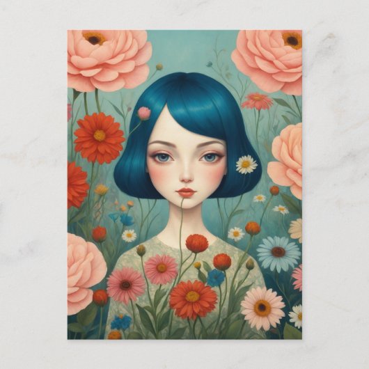 Blauw haar en bloemen briefkaart (Voorkant)