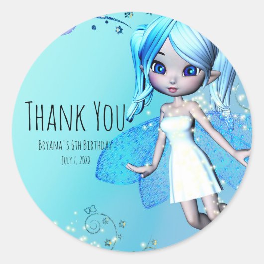 Blauw Haired Fairy Meisjes Verjaardag Party Favor Ronde Sticker (Voorkant)
