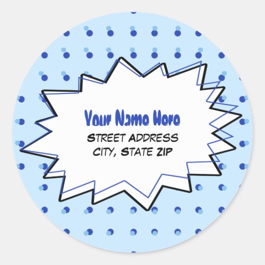 Blauw Halftone Pop Art Adres Label Sticker (Voorkant)