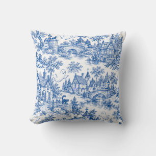 Blauw Halloween-dorp Toile-patroon Geesten Katten Kussen