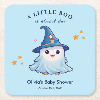 Blauw Halloween Een Klein Boe Babyshower Vierkante Kartonnen Onderzetter