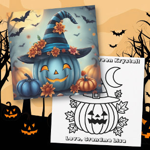 Blauw Halloween pompoen & kleurplaat personalisere Kaart