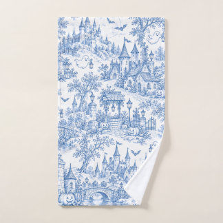 Blauw Halloween Toile Patroon Spookachtig Dorp Gee Handdoek